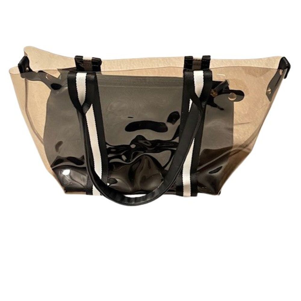 Moda Luxe Clear PVC Tote Bag Black White Stripe Straps + Pouch NWT